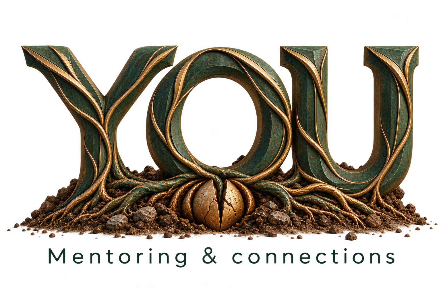 3D YOU sculpture growing from a cracked seed — a symbol of your growth
